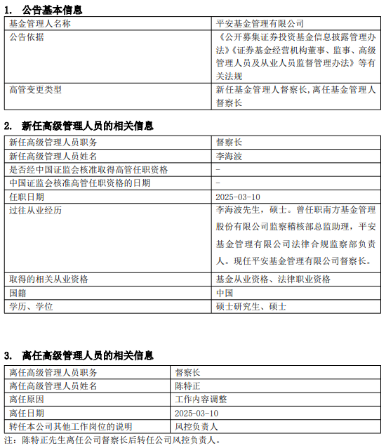 平安基金高管变更：陈特