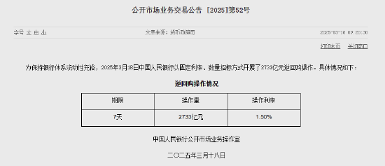 央行今日开展2733亿元7天期